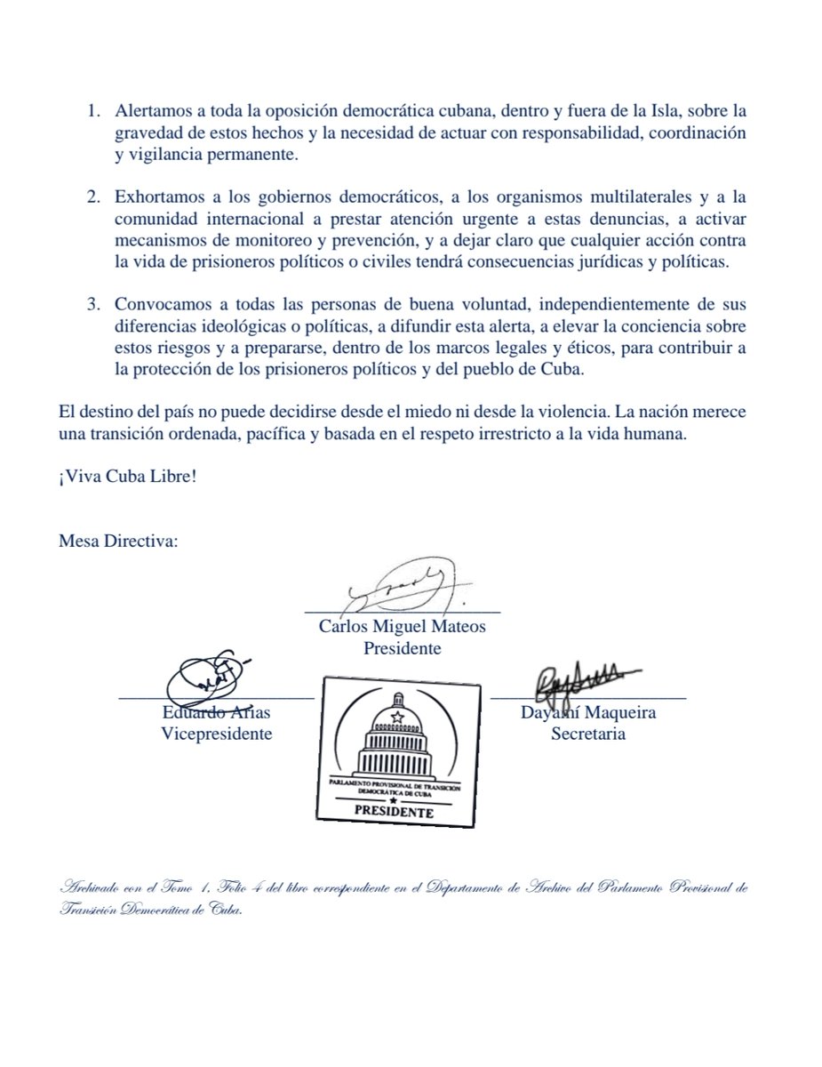 ConsensoDCubano's tweet photo. El Parlamento Provisional de Transición Democrática de Cuba alerta sobre amenazas graves contra presos políticos y la población civil.
Exigimos vigilancia internacional y protección inmediata.
#Cuba #DerechosHumanos #CubaLibre https://t.co/k1Dx9d2Nv4