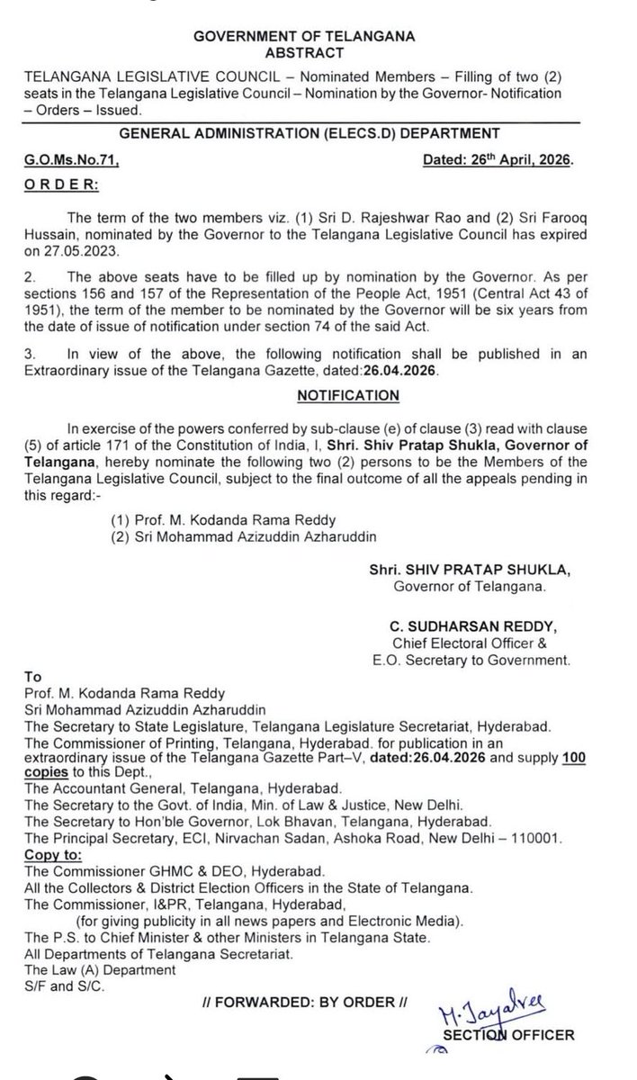 PintodeepakD's tweet image. A petition has been filed in the #Telangana High Court challenging an order nominating Mohd Azharuddin and M Kodandaram as MLCs under Governor Quota