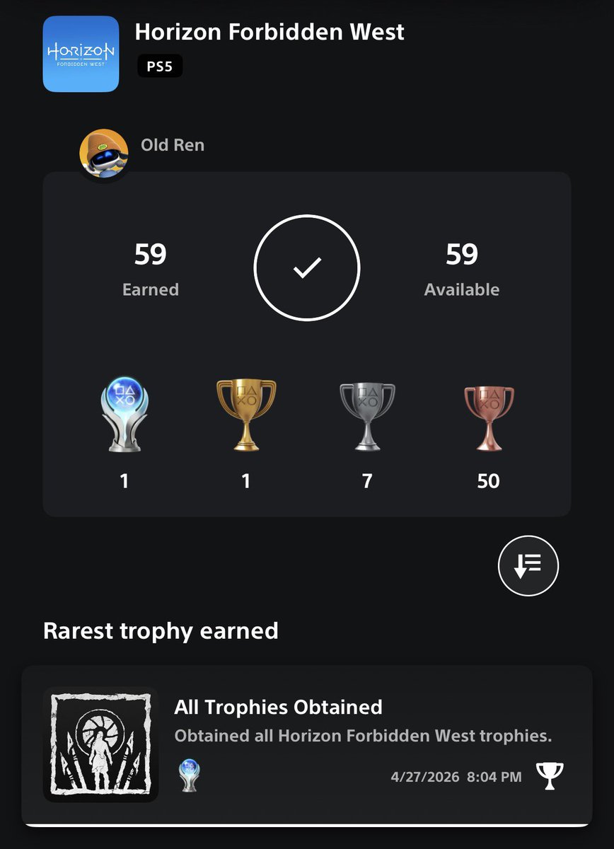 OldRenGaming's tweet photo. Horizon Forbidden West is Platinum #146!
I beat the game and put this down back when it launched. After getting the plat for HZD Remastered, I decided to clean up this up. 
#horizon #aloy #forbiddenwest #platinum https://t.co/OypQWOmQtg