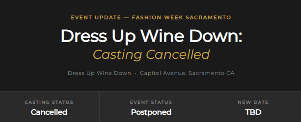 sacfashionweek's tweet photo. EVENT UPDATE | Dress Up Wine Down Casting Cancelled https://t.co/lcCclftiI6