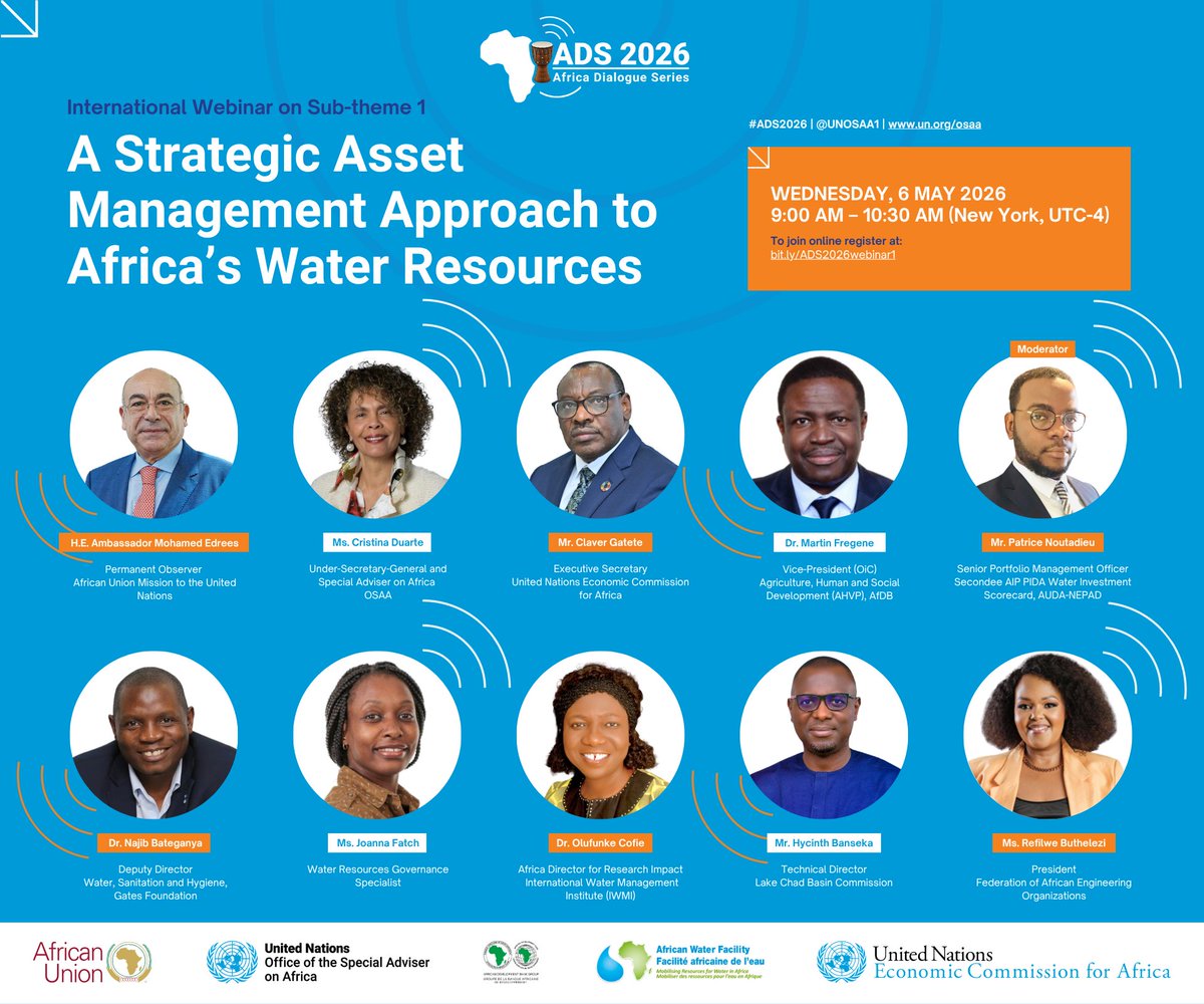 UNOSAA1's tweet image. "#Water is life. #Sanitation is dignity. And both are foundational to Africa’s development, peace, and resilience." @SelmaHaddadi, @AfricanUnion Deputy Chairperson. 

How can #Africa manage its water resources as strategic assets? 

🚰6 May | 9am EST 
 📝bit.ly/ADS2026webinar1