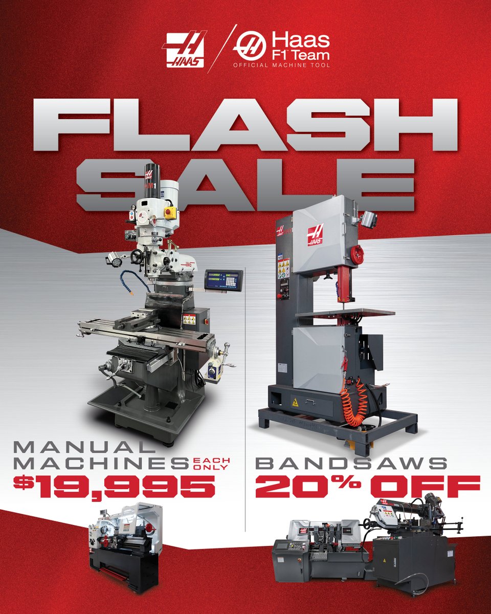 Haas_Automation's tweet image. This month’s looking good! We’re giving you 20% off bandsaws and manual machines priced at $19,995.

Don’t miss out! Deals end May 31! 👇
🔗 hubs.la/Q04fsSYW0
#haascnc #haasautomation #flashsale #shop #cnc