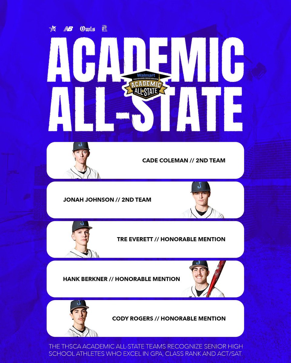 JoshuaOwlsBSBL's tweet photo. These five student-athletes were chosen as Academic All-State! This means they were top 15% of all nominated student-athletes in the state of Texas. 

This award puts GPA, Class Rank, and SAT/ACT scores into consideration. https://t.co/CC8g4In1ln