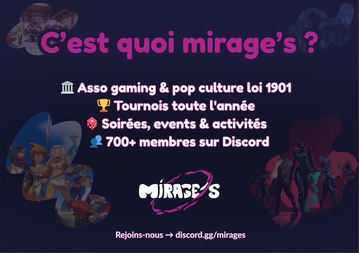 Mirages_FR's tweet photo. C'est quoi Mirage's exactement ?
🎮 Une asso gaming &amp; pop culture loi 1901
🏆 Des tournois toute l'année
🎲 Des soirées, events, activités en tout genre
👥 700+ membres sur Discord
Tout ça pour jouer ensemble, simplement.
T'attends quoi ? 👉https://t.co/TgqnTP7PYp https://t.co/bS0nwURVfH