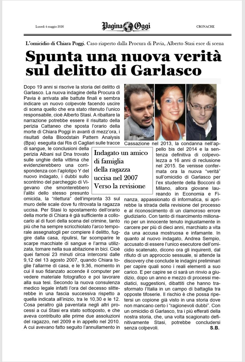 Paginaoggi's tweet image. Si riscrive la storia del #delitto di Chiara #Poggi a #Garlasco. Esce di scena Alberto #Stasi. #Sempio nuovo indagato