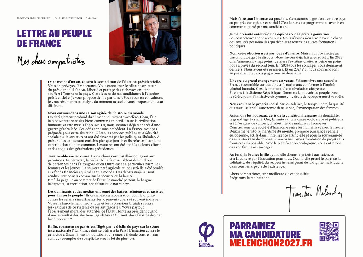 Je vous invite à lire et partager la lettre de <a href="/JLMelenchon/">Jean-Luc Mélenchon</a> au peuple de France 🇫🇷.