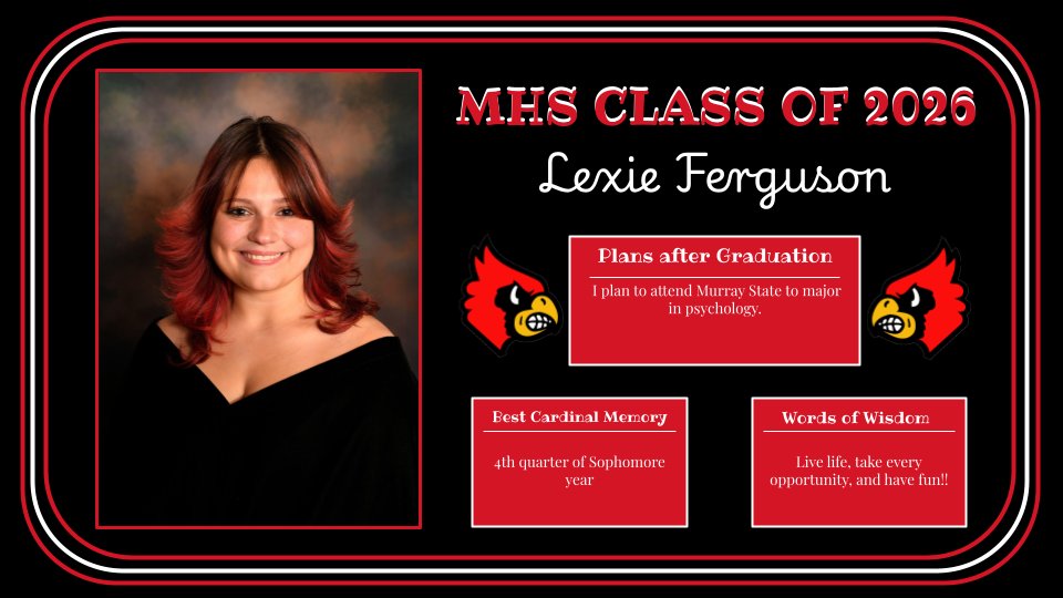 MHSCards1's tweet photo. Celebrating the achievements, memories, and contributions of the Mayfield High School Class of 2026!

2026 Cardinals Senior Spotlight!
🎓Lexie Ferguson
🎓Roselia Gabriel Velazquez
🎓Camden Higdon https://t.co/M8rpr5PjBF