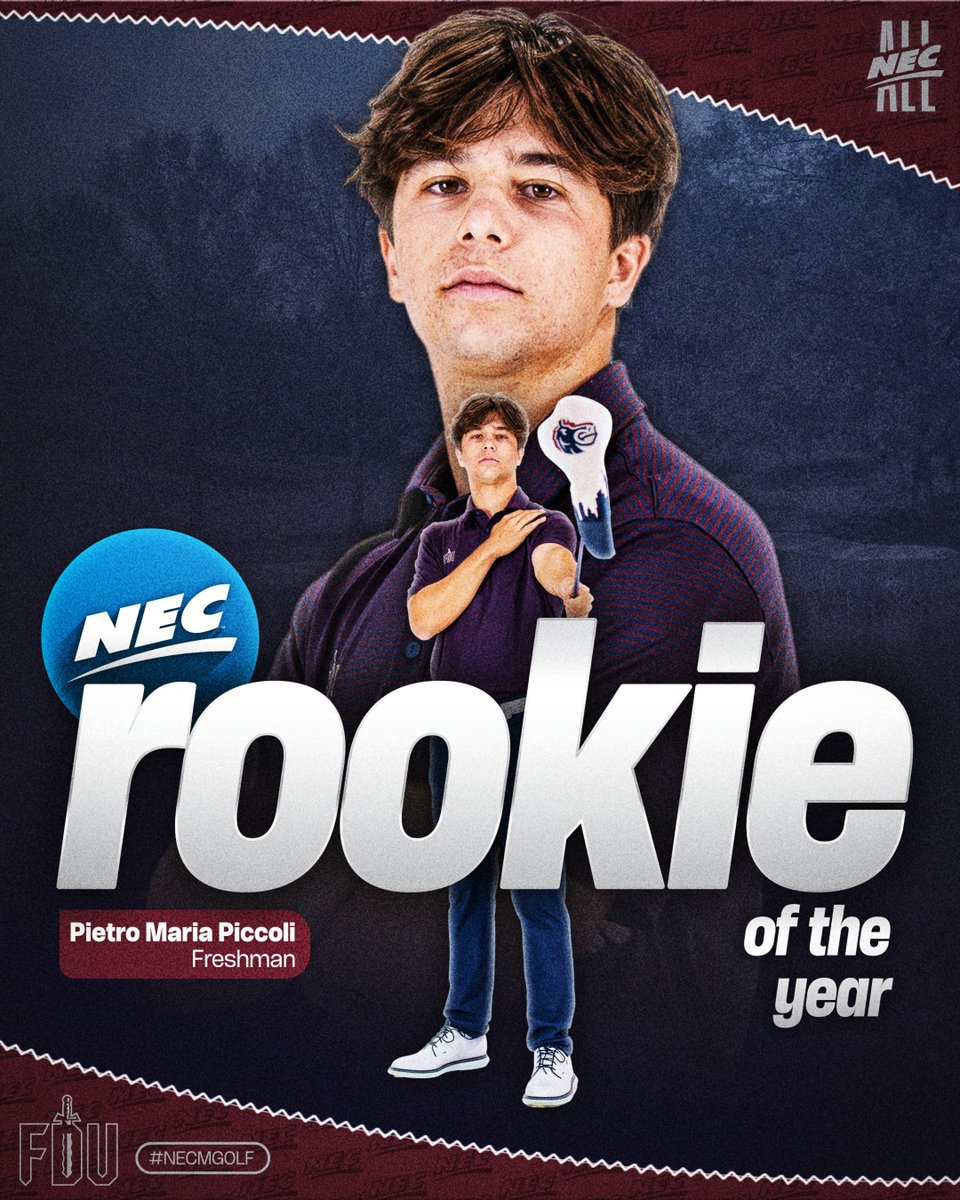 NECsports's tweet photo. ⛳️ 2026 @necmgolf
Rookie of the Year 🏅

✨ Pietro Maria Piccoli, @FDUKnightsGolf ⚔️

Registering 73.4 strokes per round on the year, the two-time NEC Golfer of the Week/Month honoree carded a 1-under 212 at the #NECMGOLF Championship for a third-place showing. 

#NECelite x #NECROY