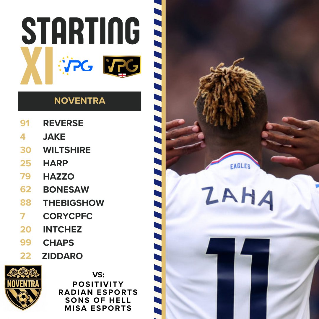 NoventraFC's tweet photo. MATCHDAY 2 TEAM NEWS:

A few changes and a tactical shift sees us lineup very differently tonight.

Welcome to Reverse between the sticks 🧤

vs:
@PositivityVPG 
@EsportsRadian 
#SonsOfHell
@misaesports 

@VPGUK @OfficialVPG 

#Noventra https://t.co/8AWMu8r285
