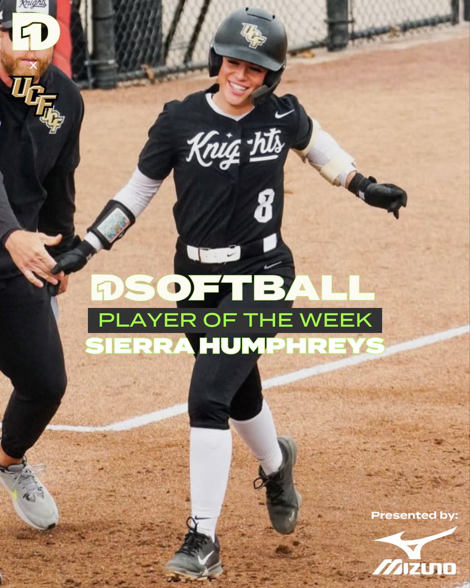 D1Softball's tweet image. Player of the Week: Sierra Humphreys, UCF

Humphreys hit two home runs, including a grand slam, and totaled seven RBIs in the Knights’ series win over Iowa State.

Presented by @MizunoSportsUSA
🔗 bit.ly/4nbenAB