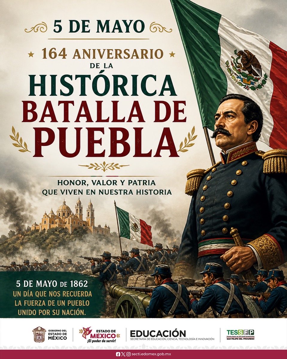 TESSFP_Edomex's tweet photo. 🇲🇽✨ Conmemoramos el 164 aniversario de la Batalla de Puebla.

Historia, valentía y orgullo que nos inspira. 💪
¡Que viva México!

#5DeMayo #OrgulloMexicano https://t.co/ag37oJxnIp