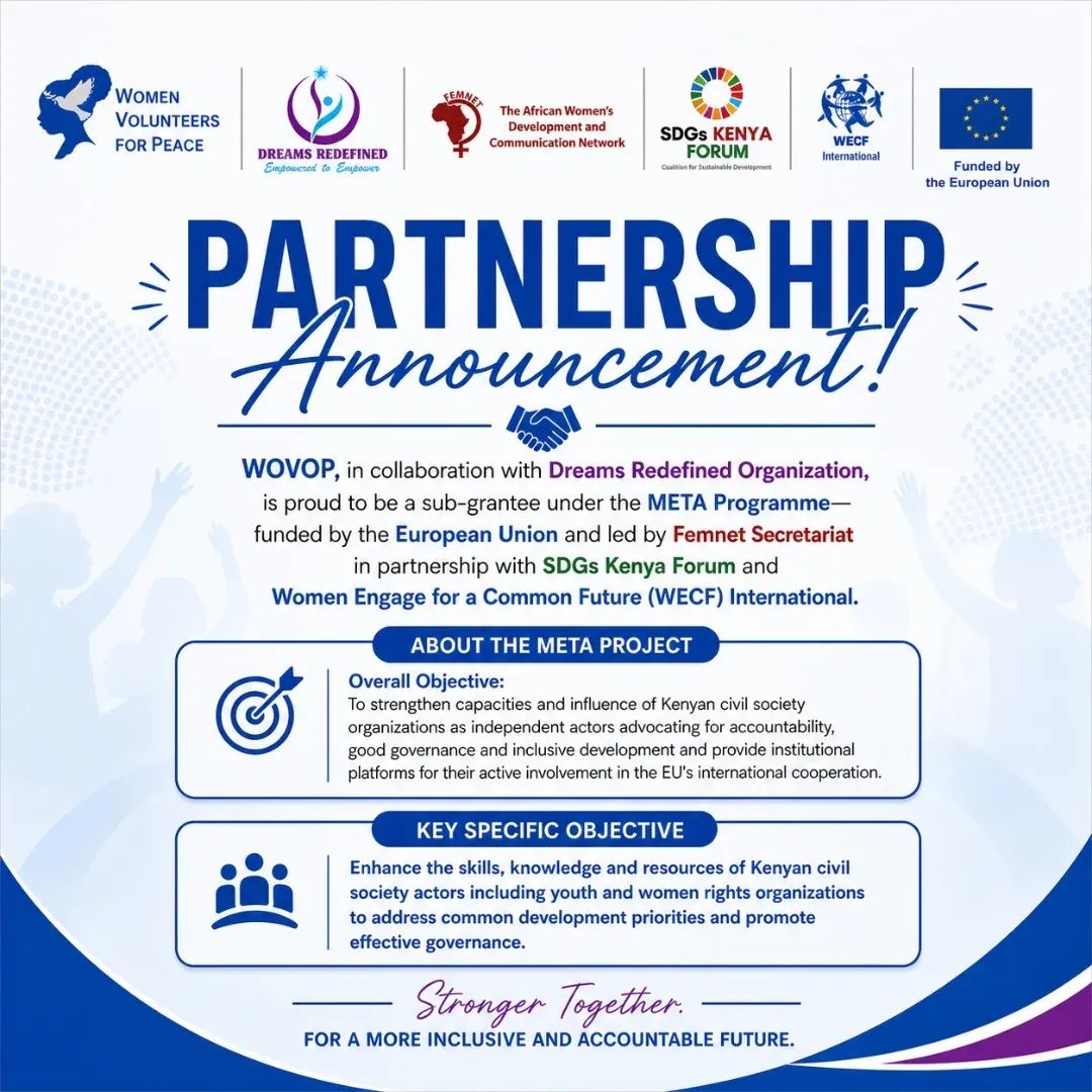 DreamsGirlsYou1's tweet photo. @DreamsGirlsYou1 &amp;  @WOVOP_org, are excited to join the EU-funded META Program as a sub-grantees through @FemnetProg, @SDGsKenyaForum &amp; @WECF_INT Advancing youth &amp; women leadership, accountability, and inclusive development in Kisumu County. #META #InclusiveStructuredDialogues https://t.co/GFoquNtw9a