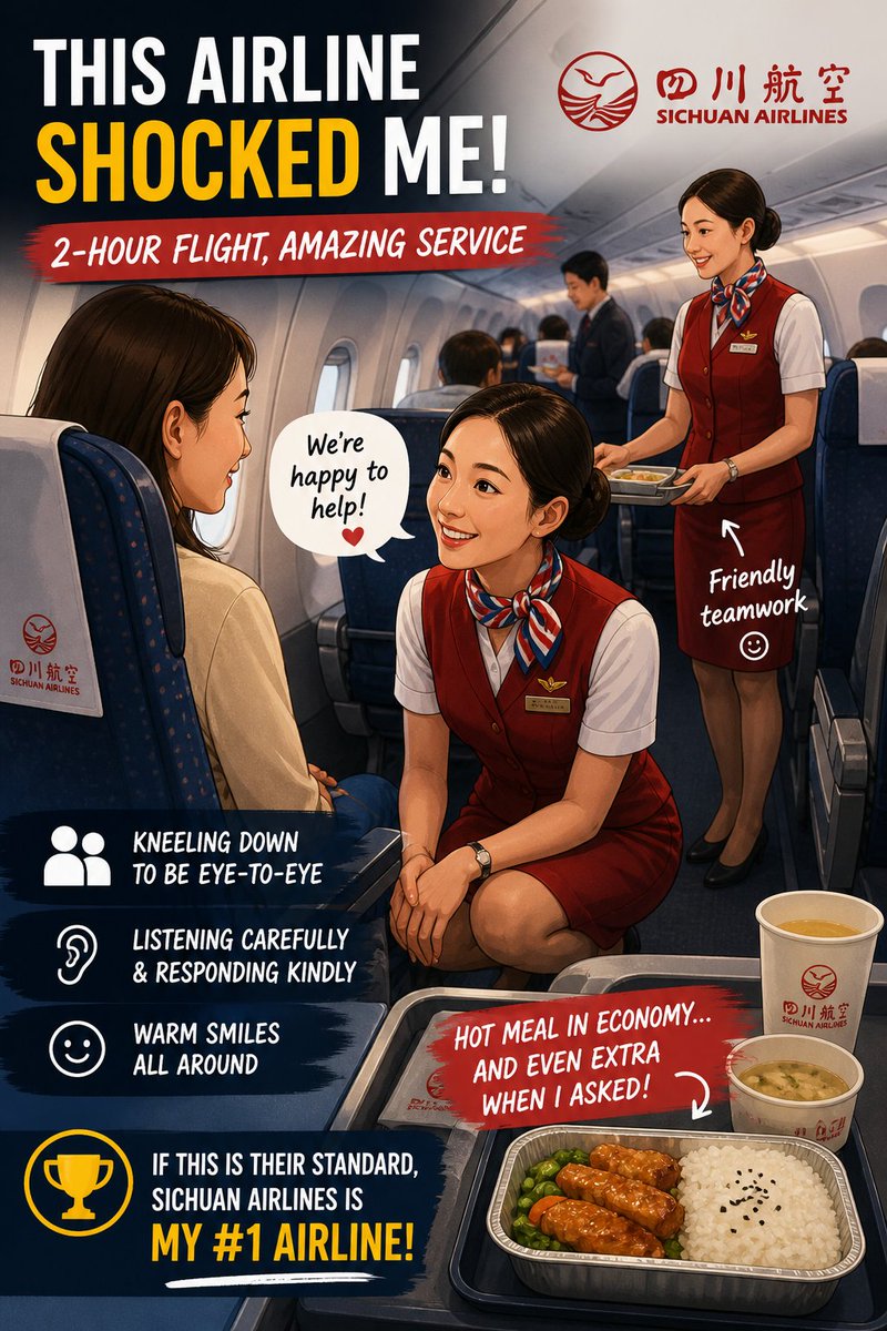 felixabt's tweet image. I was blown away by the cabin crew on a small Airbus.
They didn’t talk down to passengers — they literally knelt to speak eye-to-eye, listened carefully, and stayed warm and friendly the whole time. Watch:
youtube.com/shorts/CVA8218… #Sichuan #airlines @Sichuan_Airline #travel