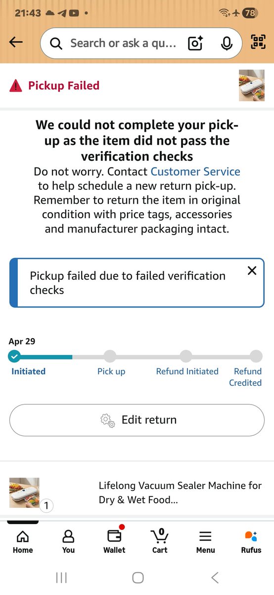 Laxmichand5758's tweet image. @AmazonHelp @amazonIN No one came for my return pickup, yet the status shows “failed verification.” How is that possible without inspection? This is misleading. Arrange pickup immediately and correct this false update. #AmazonIndia #CustomerService
See screenshots