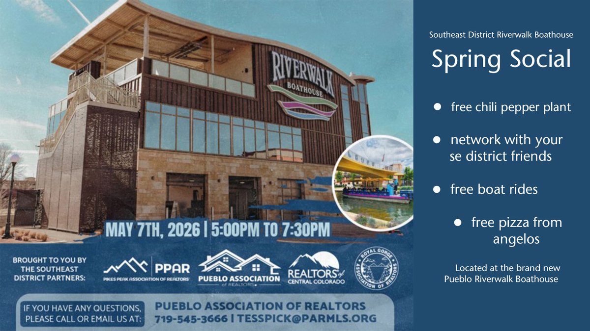 CHFA's tweet photo. Local REALTORS® are invited to the Pueblo Association of REALTORS® Spring Social in Pueblo at the Riverwalk Boathouse on Thursday, May 7th, from 5:00pm to 7:30pm. Connect with CHFA at the event. https://t.co/IaXXxYCAwq