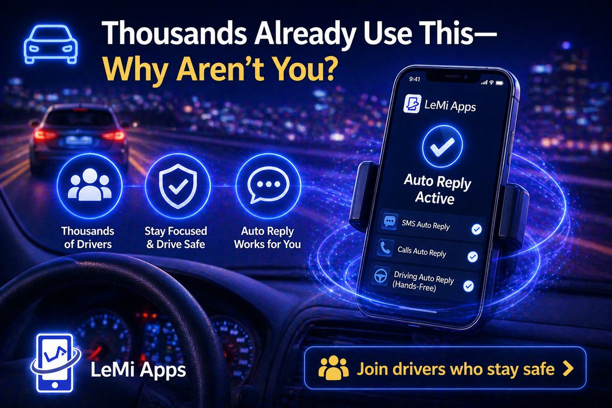 LeMiApps's tweet photo. Do people actually use auto-reply while driving?
Yes—thousands of drivers rely on it daily to stay focused, avoid distractions, and drive safely.

Join drivers who choose safety.
https://t.co/i8NhXmHHeu

#SafeDriving #AutoReply #DrivingSafety #HandsFree  #NoDistractions #LeMiApps https://t.co/VaK7MWvjiF