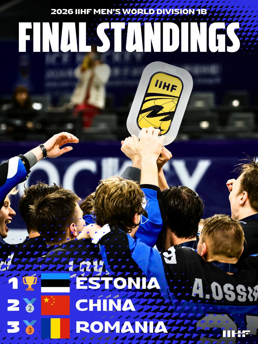 IIHFHockey's tweet photo. That's a wrap on the 2026 #MensWorlds Division 1B in Shenzhen!

Congratulations to Estonia who take home gold and will be moving up to Division 1A next year. 🇪🇪 https://t.co/cJlH59YUL4