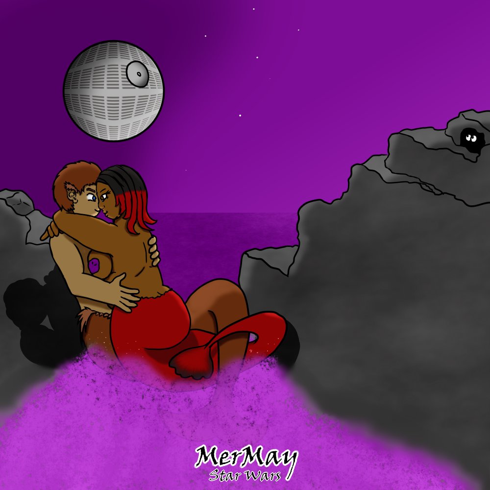 An enamoured merfolk couple snuggle up in the sunset under a large moon that is clearly a large moon and nothing else. #MerMay2026 #starwars