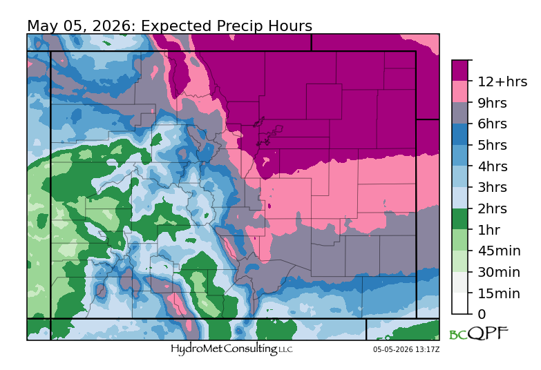 HydroMetLLC's tweet photo. Some interesting guidance from our large CAMs wx model ensemble on today's #cowx and #wywx snow-storm. First, there's a very large gradient in "Precip hours" highlighting preferred terrain-dynamics combos. Second, probability of exceeding 1.5in liquid in 24 hours has distinct mesoscale bullseye in Cache La Poudre basin.