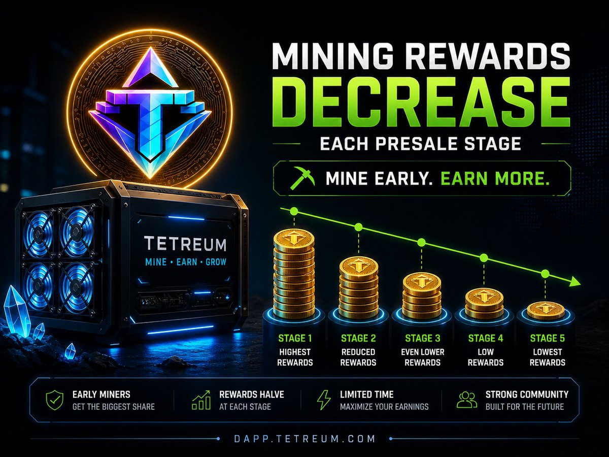 tetreum's tweet image. Quick heads up 👀⛏️

Mining rewards won’t stay the same… they get reduced at every new presale stage 📉

Early miners always take the bigger share 😄💎

Mine now while it’s still high 🚀
dapp.tetreum.com

#TETREUM #Crypto #Web3 #Mining #DeFi #CryptoCommunity