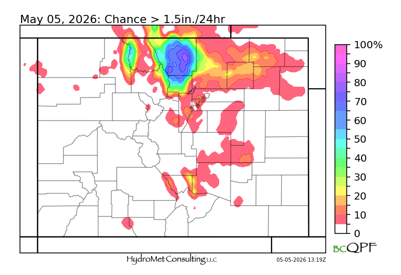 HydroMetLLC's tweet photo. Some interesting guidance from our large CAMs wx model ensemble on today's #cowx and #wywx snow-storm. First, there's a very large gradient in "Precip hours" highlighting preferred terrain-dynamics combos. Second, probability of exceeding 1.5in liquid in 24 hours has distinct mesoscale bullseye in Cache La Poudre basin.
