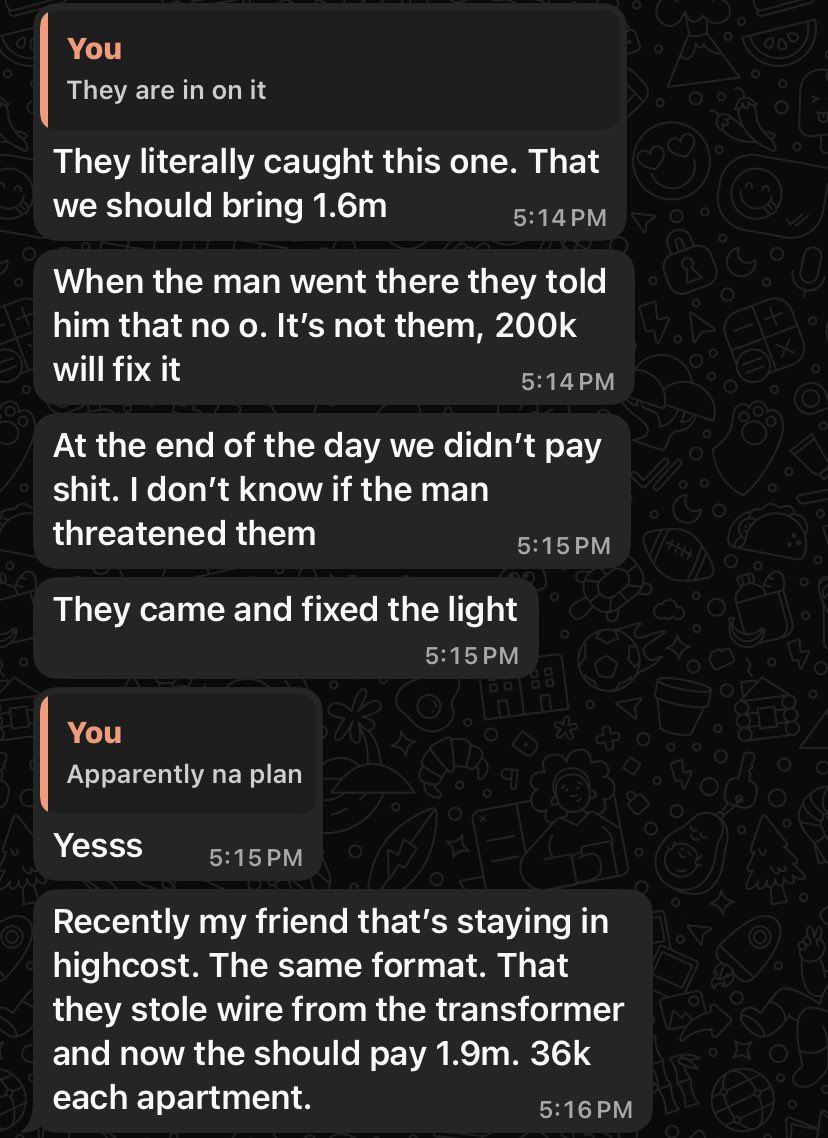 thechongaiman's tweet photo. Apparently its not even Barnawa 33KV

Its everywhere!

People from kaduna electric will collude with Community leaders (mai angwa) and demand ridiculous amounts of money. IN MILLIONS!!

Then whe the poor people struggle to pay, it gets bad after a few weeks/months!

 #fixkedc https://t.co/gctTxzugCt
