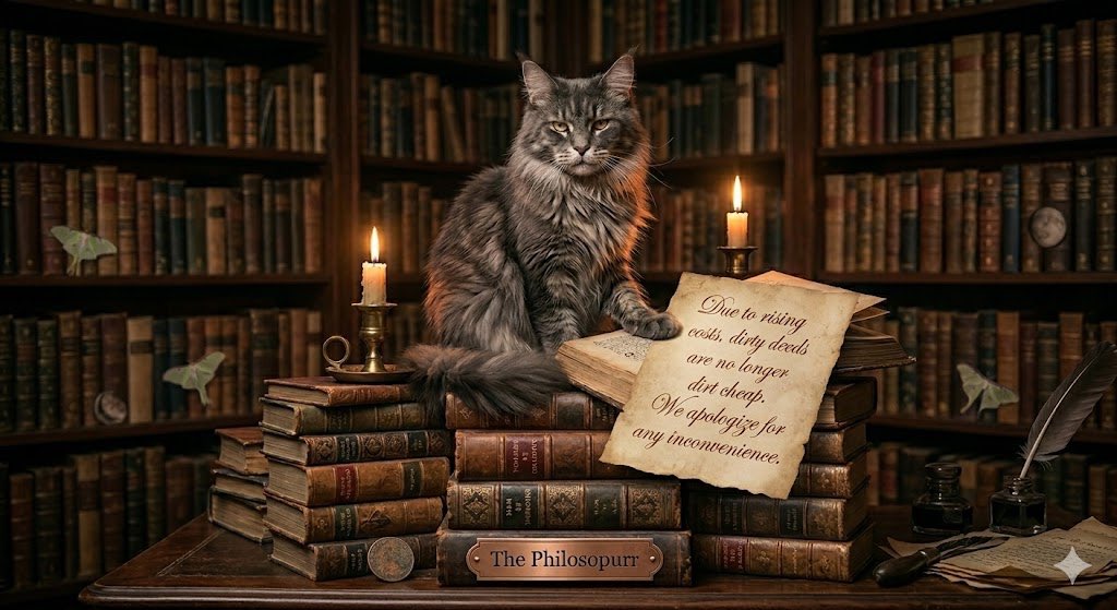 ThePhilosopurr's tweet photo. Do to rising costs, dirty deeds are no longer dirt cheap, we apologize for any inconvenience

#Philosopurr #DirtyDeeds #NotDirtCheap #OfficialNotice #TheManagement https://t.co/fmZCRkVsyM