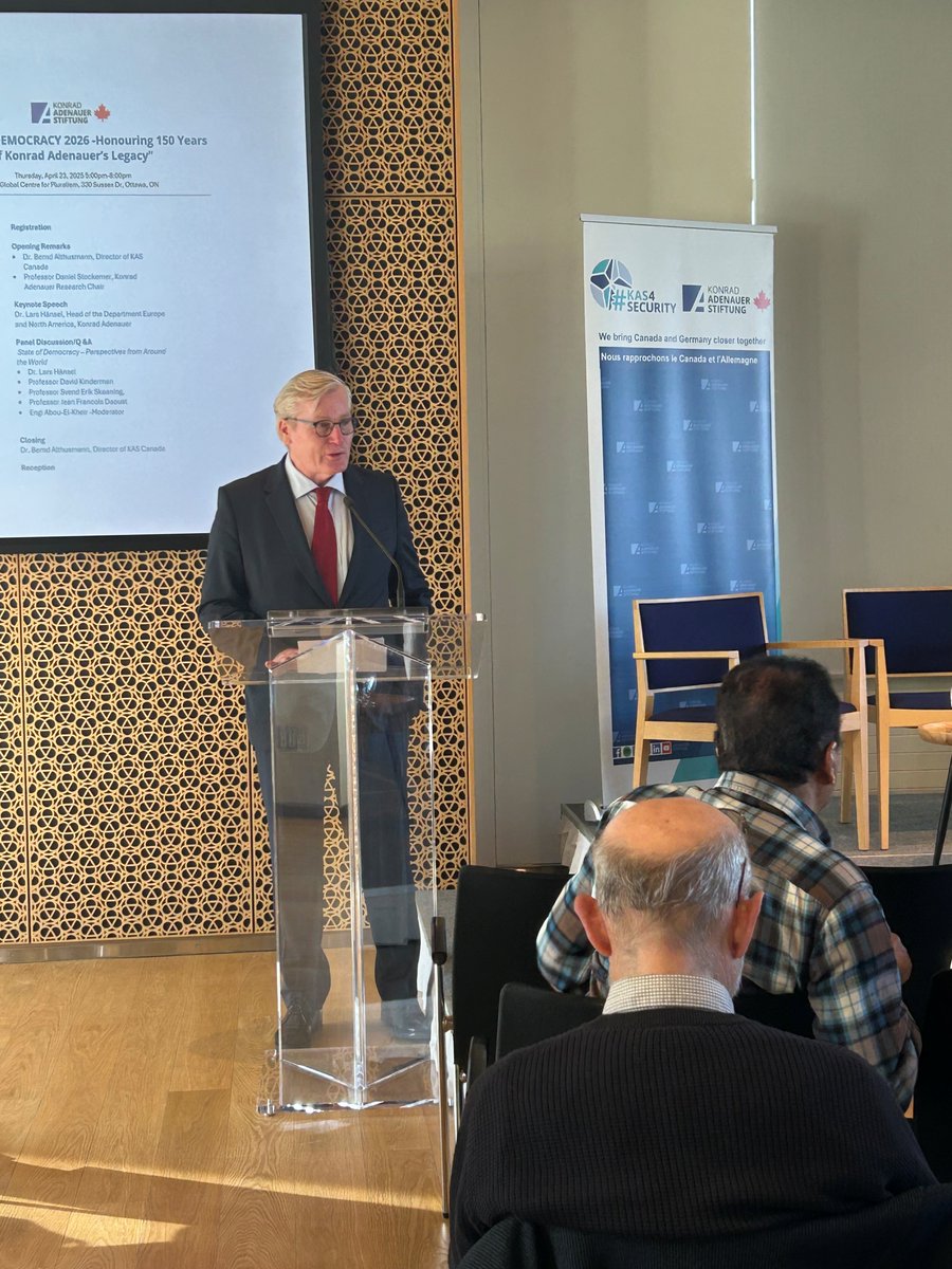 KAS_Canada's tweet photo. On April 23, 2026, Konrad Adenauer Stiftung organized the conference on Defending Democracy Together: Strengthening economic resilience for Canada and Germany.

🤝The conference was held in Ottawa at The Global Centre for Pluralism and was attended by Dr. Lars Hänsel, Head of the Department North America and Europe. 
🤝 The event was started by Dr. Bernd Althusmann, Director of KAS-Canada and  
 Dr. Lars Hänsel, who took on a role of the main keynote speaker.
🗣️In his speech, he emphasized the importance of strong democracies across the world, reminded all the gathered of the legacy of Konrad Adenauer and asked the question if there was a future for democracy. He brought back the memories of the hope of the 1990s when the new democratises were being built in the eastern part of Europe, spoke of aggression against Ukraine and the massacre of October 7th. He quoted Mark Carney who delivered powerful statement during the World Economic Forum in Davos by saying: 'the rules-based multilateral order has reached its end"

The KAS Foundation was delighted to host the panelists from various academic environments: 

Ph.D. candidate Engi Abou-El-Kheir – University of Ottawa (Moderator)
Dr. Daniel Kinderman – University of Delaware (Panelist)
Dr. Svend-Erik Skaaning – Aarhus University (Panelist)
Dr. Jean- François Daoust – Université de Sherbrooke (Panelist)

The panelists discussed economic resilience as a pillar of strength, geopolitical tensions and global security as Canada and Germany have been building a deeper partnership that links technological sovereignty and democratic stability.

🗣️Dr. Daniel Kinderman addressed political situation in the USA and questioned the state of American democracy under the current government; asked by Dr. Hänsel if the present situation was a becoming a pattern or an exception on global political arena, he expressed the hope that the current climate was unusual and should not be repeated. 
🗣️Dr. Svend-Erik Skaaning referred to the political situation in Poland a few years ago, when the ruling party at the time posed a threat to democracy.
🗣️Dr. Jean-François Daoust elaborated on political behavior in North America and globally, public opinion and Canadian politics.

 #DefendingDemocracy #EconomicResilience #CanadaGermany #DemocraticStability #GlobalSecurity