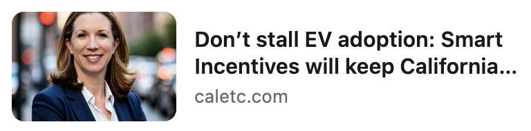 Cal_ETC's tweet photo. CalETC Exec Director @renger_laura: California’s EV market needs steady footing at a moment when things could easily slip. This  is why near-term state policy matters now. Because once momentum stalls, it’s not easy to restart. https://t.co/jxGGIKVzUG https://t.co/rHd80zJYfV