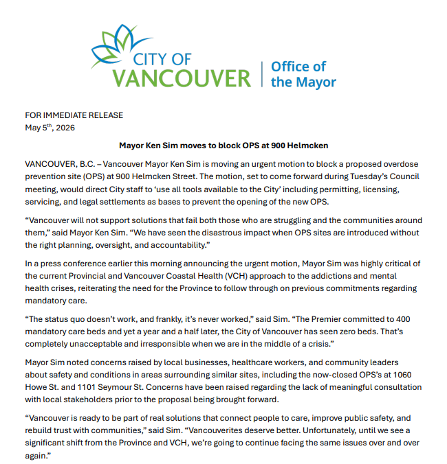 KenSimCity's tweet image. We need to use every tool in the toolbox to block the newly proposed OPS at 900 Helmcken.

That's why today, I'm bringing forward an urgent motion that would direct City staff to take all lawful steps available to prevent this new OPS from opening.

Vancouver will not support