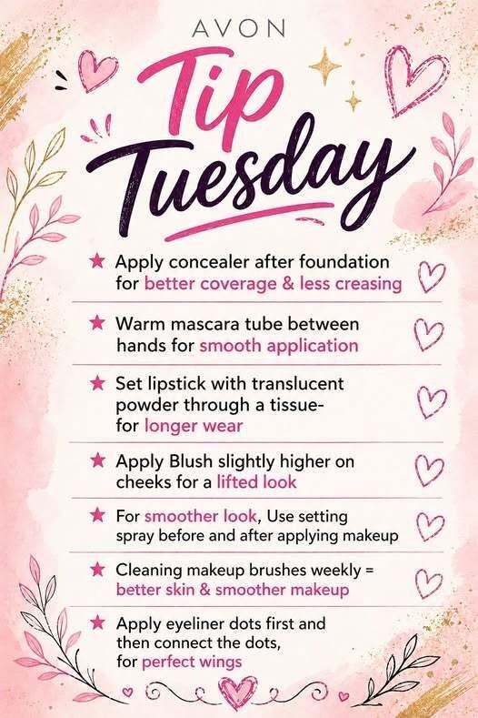 CathyAvon225's tweet image. 💖 Tip Tuesday 💖

From smoother mascara application to longer-lasting lipstick and lifted blush placement—these little beauty secrets help you look polished without the extra effort.

Try one (or all!) of these tips and tell me—what’s your favorite beauty hack? 💕

#TipTuesday
