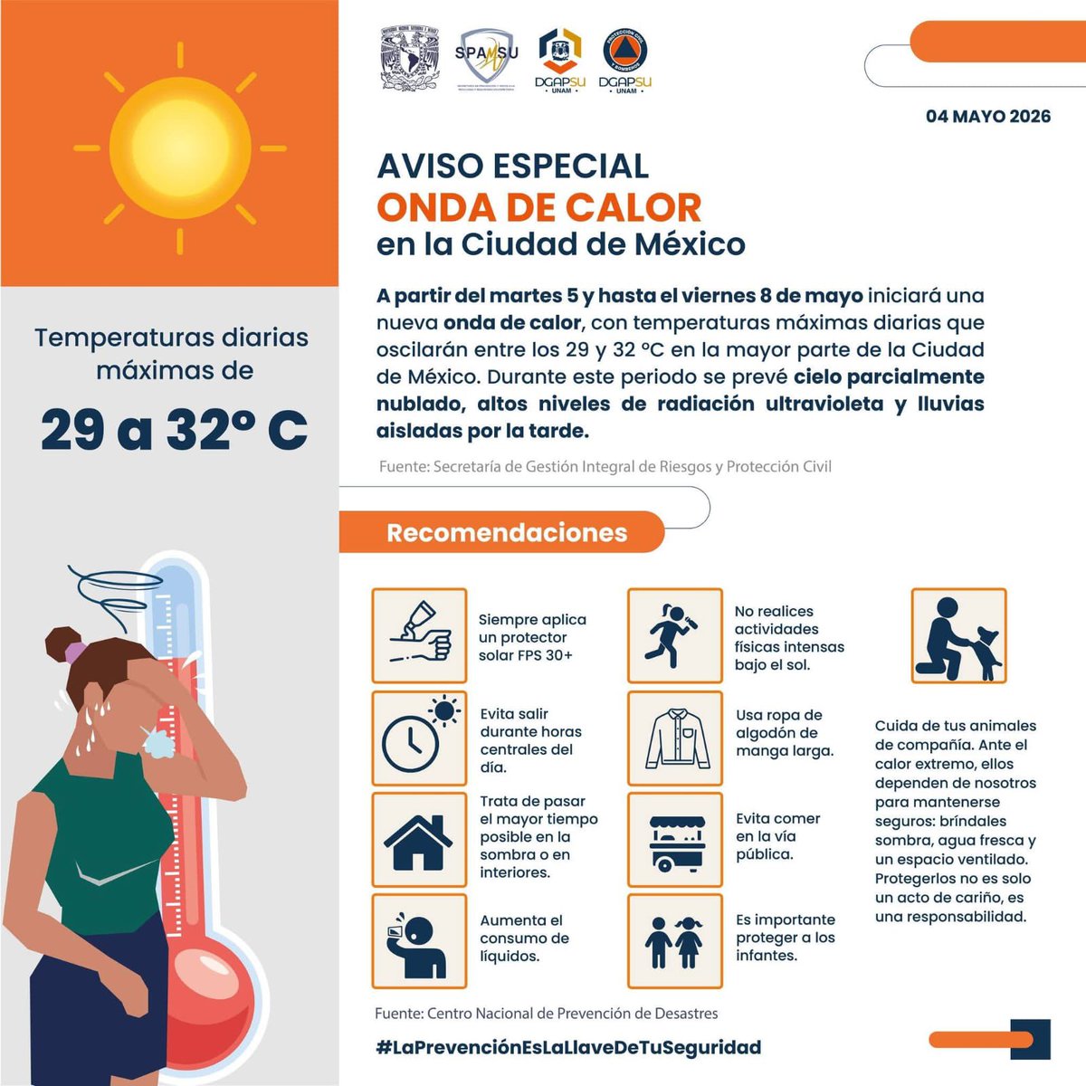 cchoriente_unam's tweet photo. Aviso especial por una nueva #OndaDeCalor 🌞 en la Ciudad de México, a partir del martes 5 y hasta el viernes 8 de mayo.

Toma precauciones 😎

#LaPrevenciónEsLaLlaveDeTuSeguridad https://t.co/oyLDtVaIHO