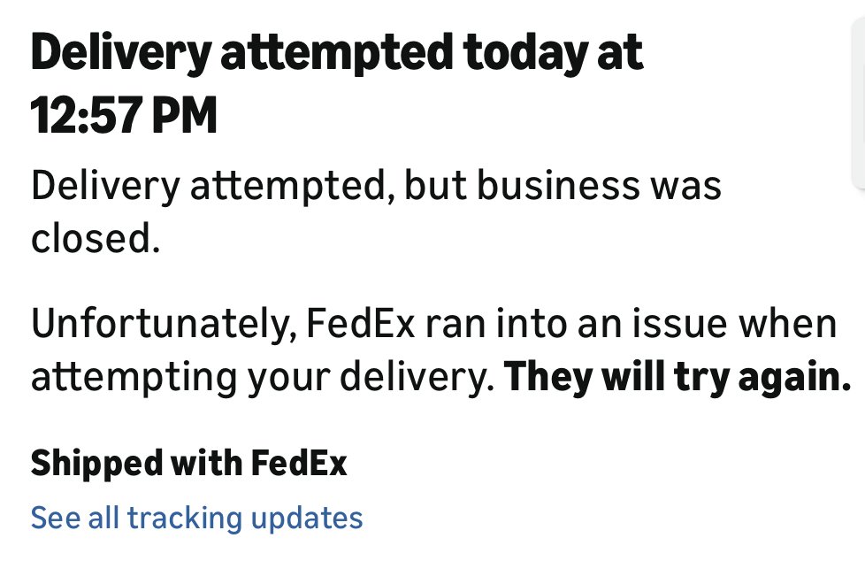 lukekeith's tweet photo. Hey @amazon  What the heck is wrong with @FedEx ? I live in a normal house with a front door and get packages delivered all the time that are left on the porch... but "business was closed"? I was home in a meeting at the time and nobody even rang the doorbell. https://t.co/D008sIV2eP