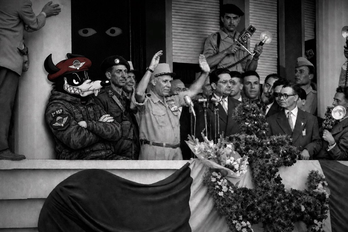 GUDAlger's tweet photo. La semaine prochaine, le 13 mai, on célèbre le putsch d’Alger 1958.

Sur ce balcon, les vrais Français reprenaient Alger à mains nues.

Les paras, les pieds-noirs, la rage.

C’est là que l’OAS commençait à se profiler dans l’ombre.

1962 plus jamais.

🐀 https://t.co/1qD8ewYKfw