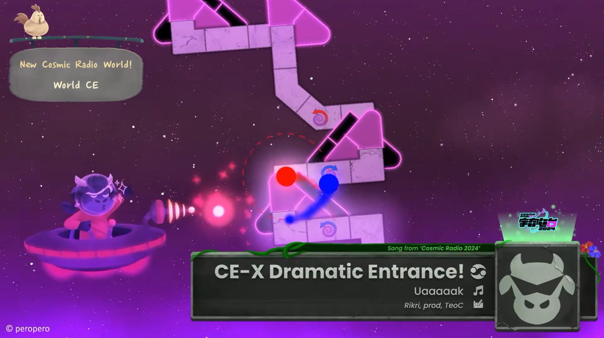 full_combo_max's tweet photo. Coming soon to #ADOFAI near you…
The Cosmic Radio 2024 additions begin, with Dramatic Entrance! (Uaaaaak) joining ADOFAI in classic and tech variants! World 3, "THE WIND-UP", is getting a massive audiovisual overhaul too… both set for early May!
#CosmicRadio https://t.co/xbCglQQoIx