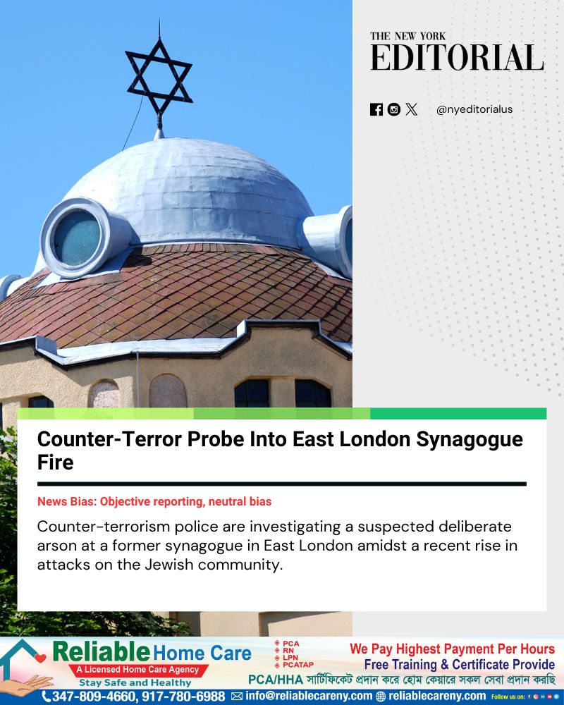nyeditorialus's tweet image. Counter-terror police are investigating a deliberate fire at a former East London synagogue. No injuries were reported, but the incident follows recent attacks on the Jewish community. 

Read more on our Website 

#London #SynagogueFire #News