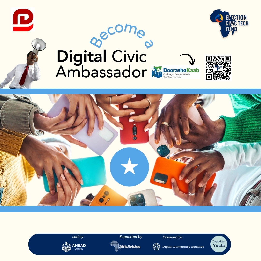 AFRICTIVISTES's tweet photo. 📢 @BareedoPlatform 🇸🇴 a lancé un appel à candidatures pour le programme Digital Civic Ambassadors 

Dans le cadre de #DoorashoKaab, son projet de Civic Tech dédié aux élections, #bareedoplateform recherche de jeunes ambassadeurs numériques engagés pour renforcer la participation citoyenne, l'éducation civique et l'accès à l'information électorale en Somalie🇸🇴.

Tu es un(e) jeune Somali(e) passionné(e) par la démocratie, le développement communautaire et l'engagement citoyen ?

👉 Rejoins le programme Digital Civic Ambassadors et deviens un acteur du changement dans ta communauté.

📝 Postule ici : https://t.co/omjJa2tcoC 
📅 Date limite : 15 mai 2026 

Une belle opportunité pour contribuer à façonner l'avenir démocratique en Somalie à travers le numérique. 

#DoorashoKaab est mis en œuvre dans le cadre du projet #electioncivictechfund qui vise à soutenir, encourager et promouvoir les initiatives innovantes qui renforcent la participation citoyenne, la transparence et l'intégrité des processus électoraux en Afrique. 

—-----------------------------------------------------------------
📢 #BareedoPlatform🇸🇴 has launched a call for applications for the Digital Civic Ambassadors programme  
 
As part of #DoorashoKaab, its civic tech project focused on elections and funded by the #ElectionCivicTechFund, #BareedoPlatform is seeking young, committed digital ambassadors to boost citizen participation, civic education and access to electoral information in Somalia.

Are you a young Somali with a passion for democracy, community development and civic engagement?

👉 Join the Digital Civic Ambassadors programme and become an agent of change in your community. 

📝 Apply here: https://t.co/omjJa2tcoC 
📅 Deadline: May 15, 2026 

A great opportunity to help shape Somalia’s democratic future through digital technology.

#DoorashoKaab is being implemented as part of the Election Civic Tech Fund project, which aims to support, encourage and promote innovative initiatives that strengthen citizen participation, transparency and the integrity of electoral processes in Africa.

@AHEADxAfrica @YouthCohort    
#DoorashoKaab #SomaliaYouth #CivicEducation #DigitalAmbassadors #YouthLeadership #DemocracySomalia #CivicTech #AfricTivistes #DigitaliseYouth #ElectionCivicTechFund #DigitalDemocracyInitiative #YDC #AHEADAfrica #AfricTivistesFund #CivicTechFund