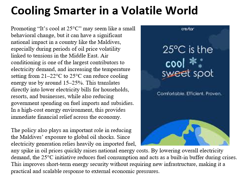 _mohamedimad's tweet image. A simple shift to 25°C delivers immediate savings and protects the #Maldives from global #oil price shocks. #EnergyEfficiency #OilPrices #ClimateAction #SustainableLiving #EnergySecurity 

#VisitNaldives