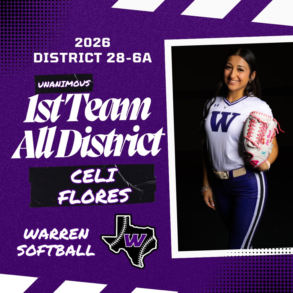 Warren_Softball's tweet photo. Congratulations to sophomore, Celi Flores, on her unanimous selection to the 28-6A 1st Team All District! Great job, we are so proud of you!! 💜🥎 https://t.co/49mxhjdBBU