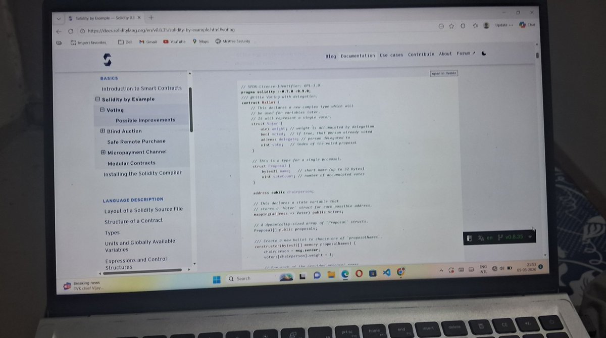 11nikhilverma's tweet photo. Day 8:- Learned how to build a Voting Smart Contract using Solidity.
Explored concepts like structs, mappings, delegation, and vote counting logic.
Understanding how real-world use cases are implemented on-chain.
Learning step by step and staying consistent.
#Web3‌‌ #Blockchain https://t.co/4L293bOJXX