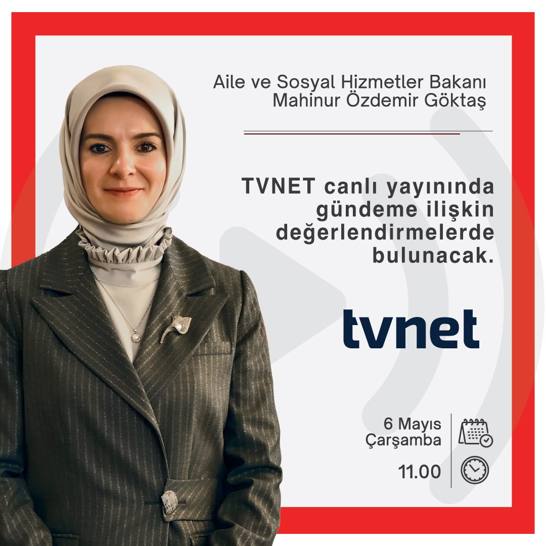 tcailesosyal's tweet image. Bakanımız Sn. Mahinur Özdemir Göktaş, @tvnet canlı yayınında Bakanlığımızın çalışmalarına ve gündeme ilişkin değerlendirmelerde bulunacak.

🗓️ 6 Mayıs Çarşamba
⏰ 11.00
📺 TVNET