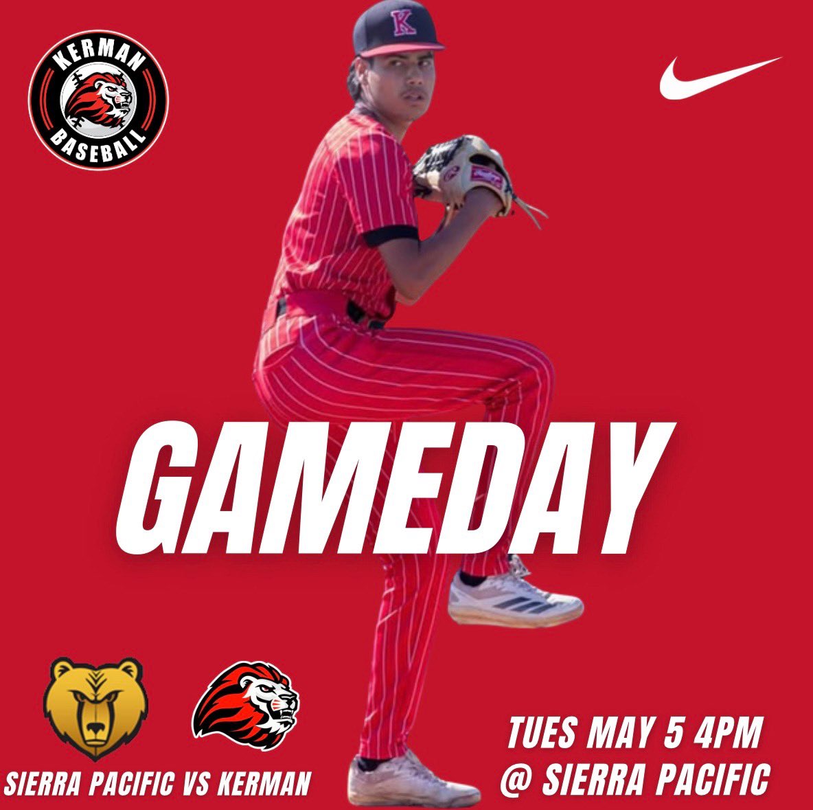 kermanbaseball's tweet photo. The Lions travel to Hanford to take on the Golden Bears of Sierra Pacific. Enjoy the cool weather while it lasts and watch some baseball! Go Lions! https://t.co/n6AtEdzuSN