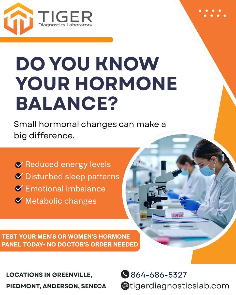 tigerDiagnostic's tweet photo. TIGER is here to help! We are Patient First, Physician Led, and Community Minded, come experience the TIGER difference. (Women's Hormone Panel- $41, Men's Health Panel-$96) https://t.co/nzIgOhEYc0
#HormoneHealth #WellnessTesting #EnergyBalance #DiagnosticCare #TigerDiagnostics https://t.co/cqtU8lMrwg