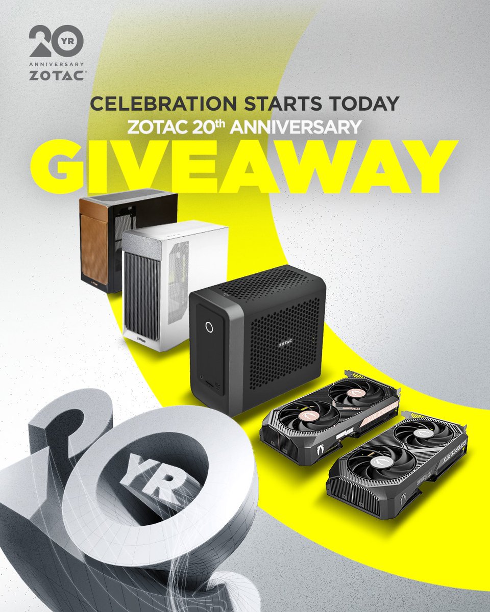 ZOTAC_USA's tweet photo. Week 1 LIVE (May 4–10)! ZOTAC 20th drops 🎉 Loot: ALLOY case, RTX 5060 LP, RTX 5050 OC White. Like+Follow+Tag2 #ZOTAC20th: https://t.co/NMkOMANErT
 🔥 Bonus: Share ZOTAC card = extra entry + boost chances

#ZOTACGAMING #ZOTAC #ZOTAC20th #Giveaway https://t.co/Ac5IJzLI6O