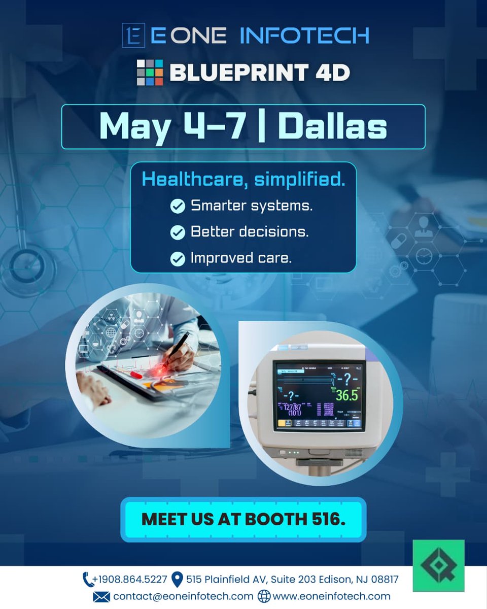 EOneInfotech's tweet photo. Meet eOne Infotech at BLUEPRINT 4D 🚀
📍 Dallas | May 4–7 | Booth 516
Streamline, optimize &amp; scale with confidence ⚙️
#Blueprint4D #eOneInfotech #ManufacturingTech #DigitalTransformation #EnterpriseTech #Innovation https://t.co/slmFiZQrRs