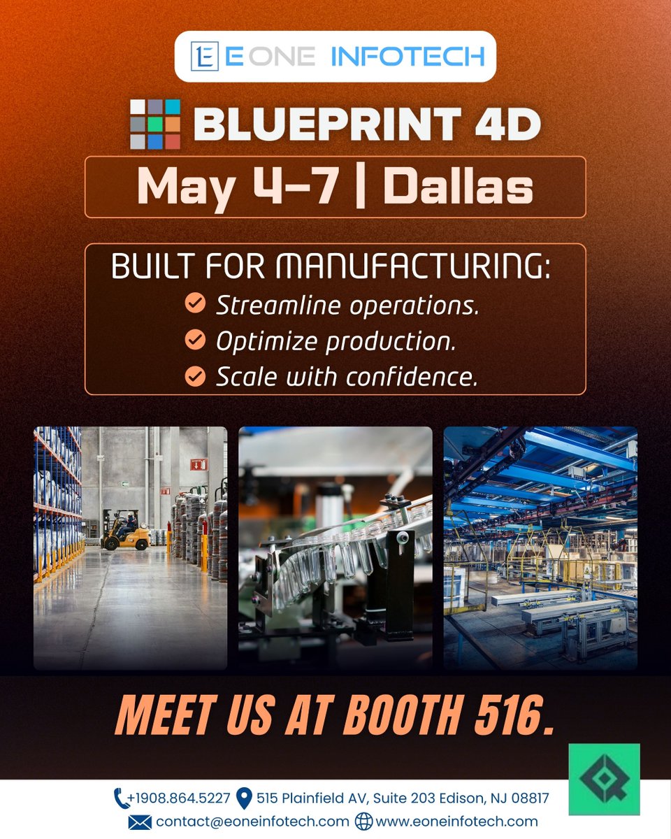 EOneInfotech's tweet photo. Meet eOne Infotech at BLUEPRINT 4D 🚀
📍 Dallas | May 4–7 | Booth 516
Streamline, optimize &amp; scale with confidence ⚙️
#Blueprint4D #eOneInfotech #ManufacturingTech #DigitalTransformation #EnterpriseTech #Innovation https://t.co/slmFiZQrRs