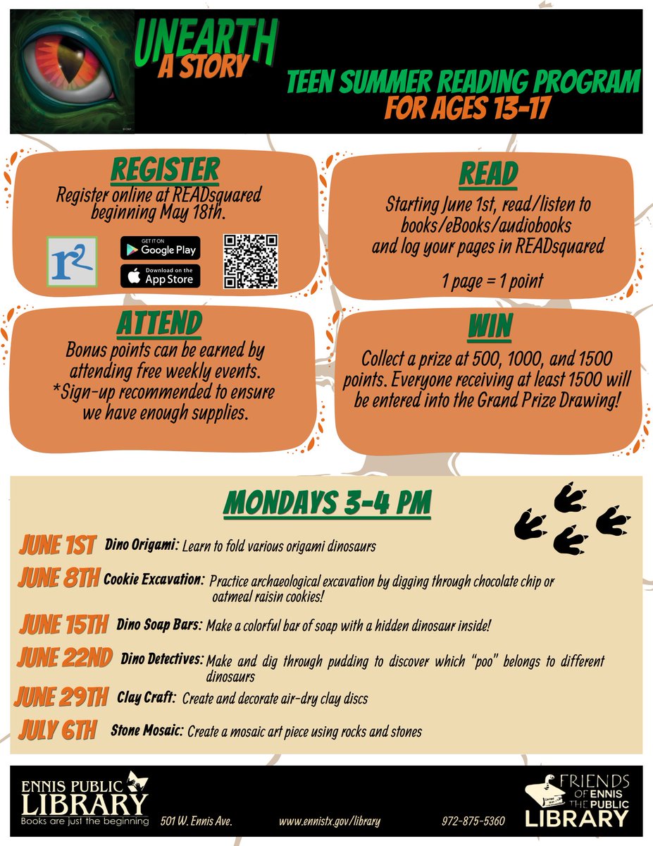 EnnisLibrary's tweet photo. Teens, we've got a great Summer Reading Program planned for you this year!  Register online, beginning May 18th.  Then, start logging you reading beginning June 1st. We'll also have our first weekly activity June 1st, so mark your calendar! #UnearthAStory #2026SRP #eplteens https://t.co/EzHuGTTzD5