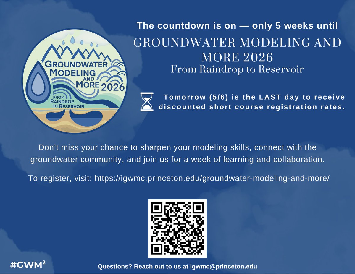 IGWMC's tweet photo. Only 5 more weeks until #GWM2! 🎉
There’s still time to get the early bird discount on short courses — register by tomorrow, May 6th!
Learn more &amp; register: https://t.co/D4qSrh4Xg5
#Groundwater #Hydrology @reedh2o https://t.co/8LBEHKlG35
