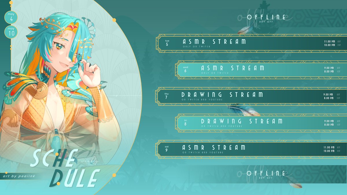 HazyDazeASMR's tweet photo. This week's stream schedule! I'll be doing lots of streaming :3
https://t.co/F0lmH1Gf6w https://t.co/P6V9BAVEUm