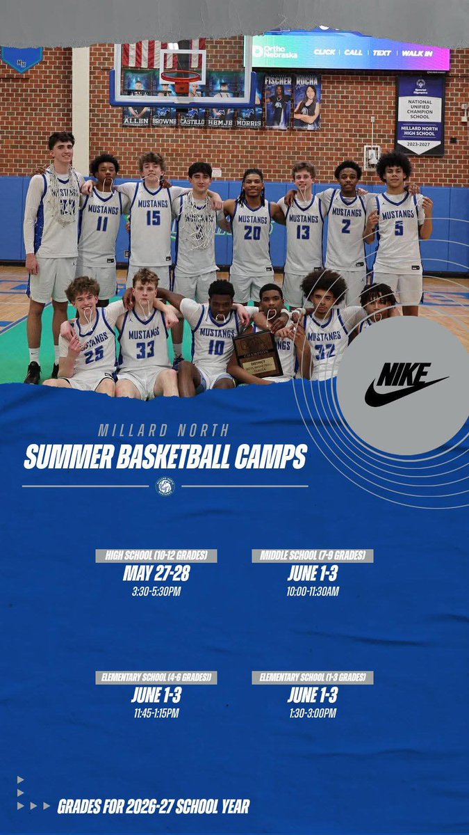 MNHSJrMustangs's tweet photo. Millard North Summer Basketball Camps
Want to get your kids off the video games and active this summer? This is a great opportunity to get involved with a Mustang Camp!
These camps focus on fundamentals, skill development. Sign up here:
https://t.co/pl5lB5EWEA https://t.co/As53lBuNU1